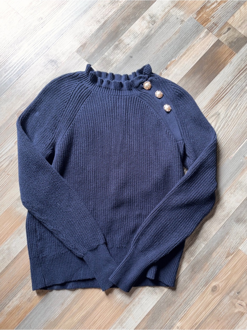 LOFT Navy Ruffle Mock Neck Sweater with Decorative Shoulder Buttons